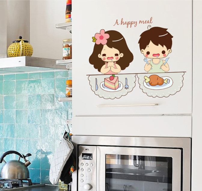 Decal trang trí tường - 2 Em bé và bữa ăn hạnh phúc
