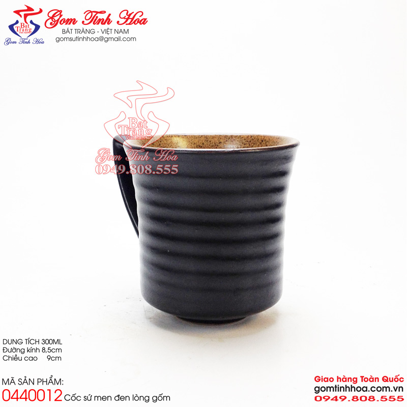Ly cốc cafe quai vếch men đen lòng gốm