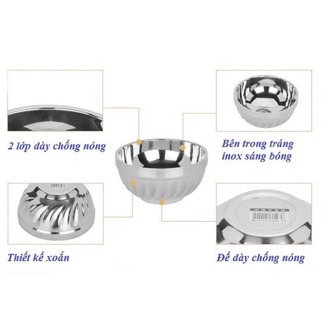 Chén Inox ăn cơm/ cháo cách nhiệt 2 lớp 10 cái