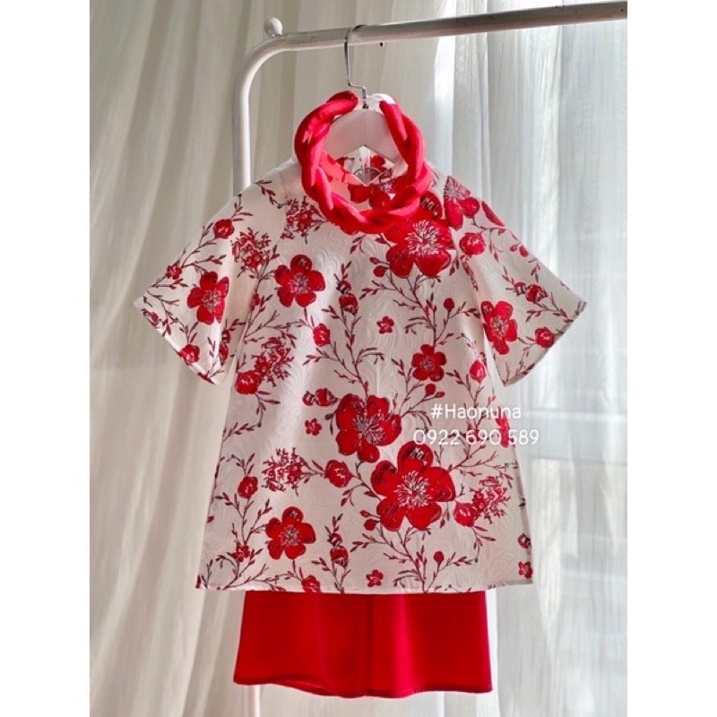 [8-30kg] Áo dài cách tân bé gái hoa mai,áo lụa quần lụa satin kèm mấn