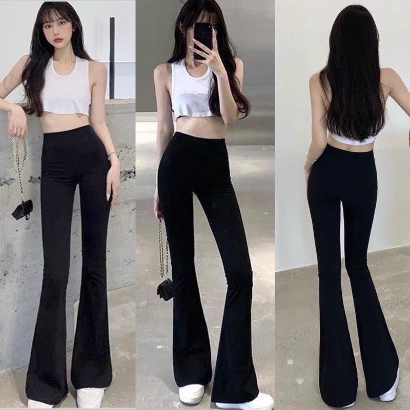 Quần ống loe nữ cạp cao dáng dài, quần legging nữ kiểu ôm ống loe c giãn 4 chiều dày dặn