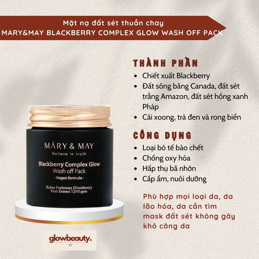 [Hàng có sẵn] Mặt nạ đất sét thuần chay Mary&May Blackberry Complex Glow Wash off Pack [Glow Beauty]