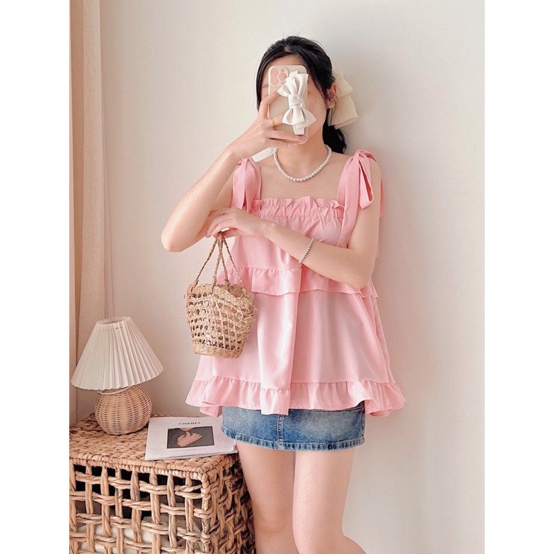 Áo 2 dây babydoll buộc nơ vai Áo kiểu nữ hai dây Padora-A91