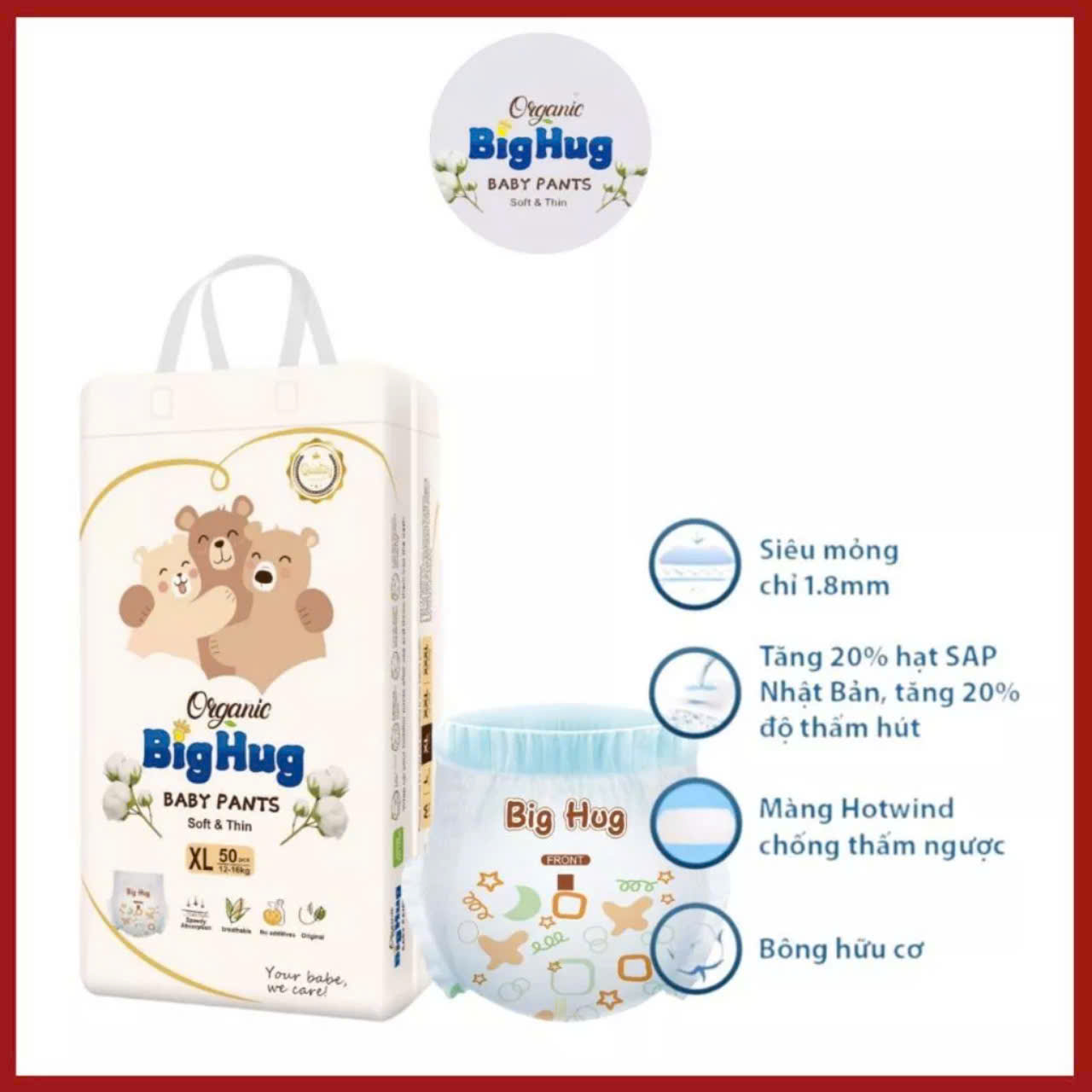 100 Miếng Bỉm Tả Quần BIG HUG Phom Bo Chun Đệm Mây Mềm Mại Cho Bé Yêu