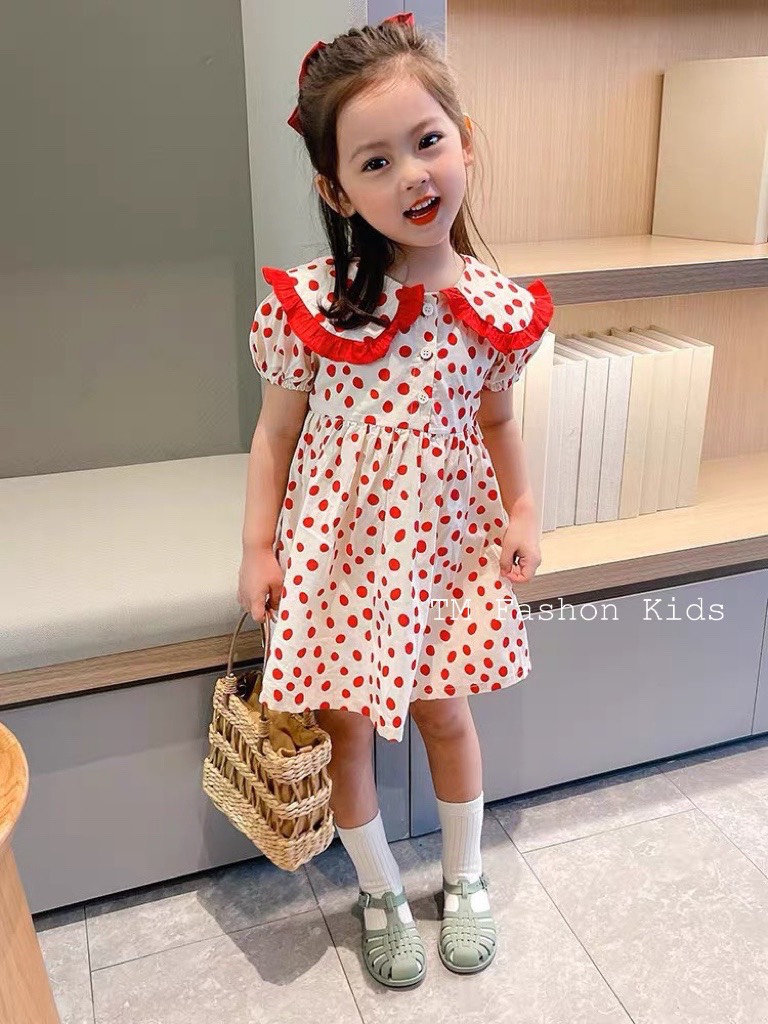Váy bé gái - Váy cổ sen họa tiết chấm bi