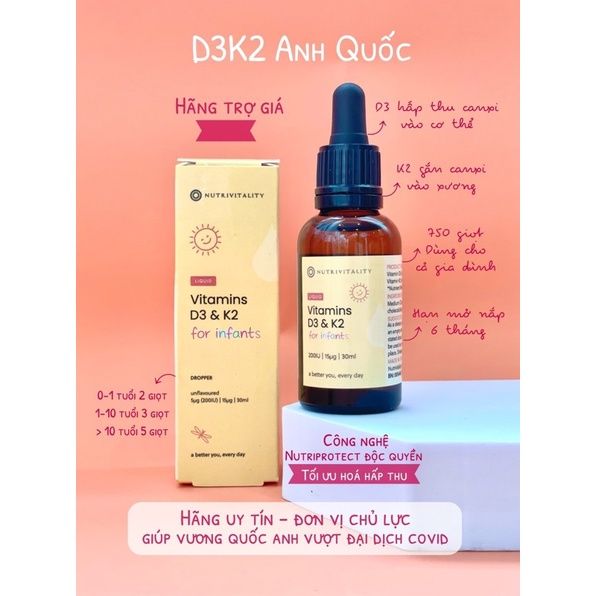 Vitamin K2 D3 MK7 cho bé Nutrivitality Anh 30ml K2D3