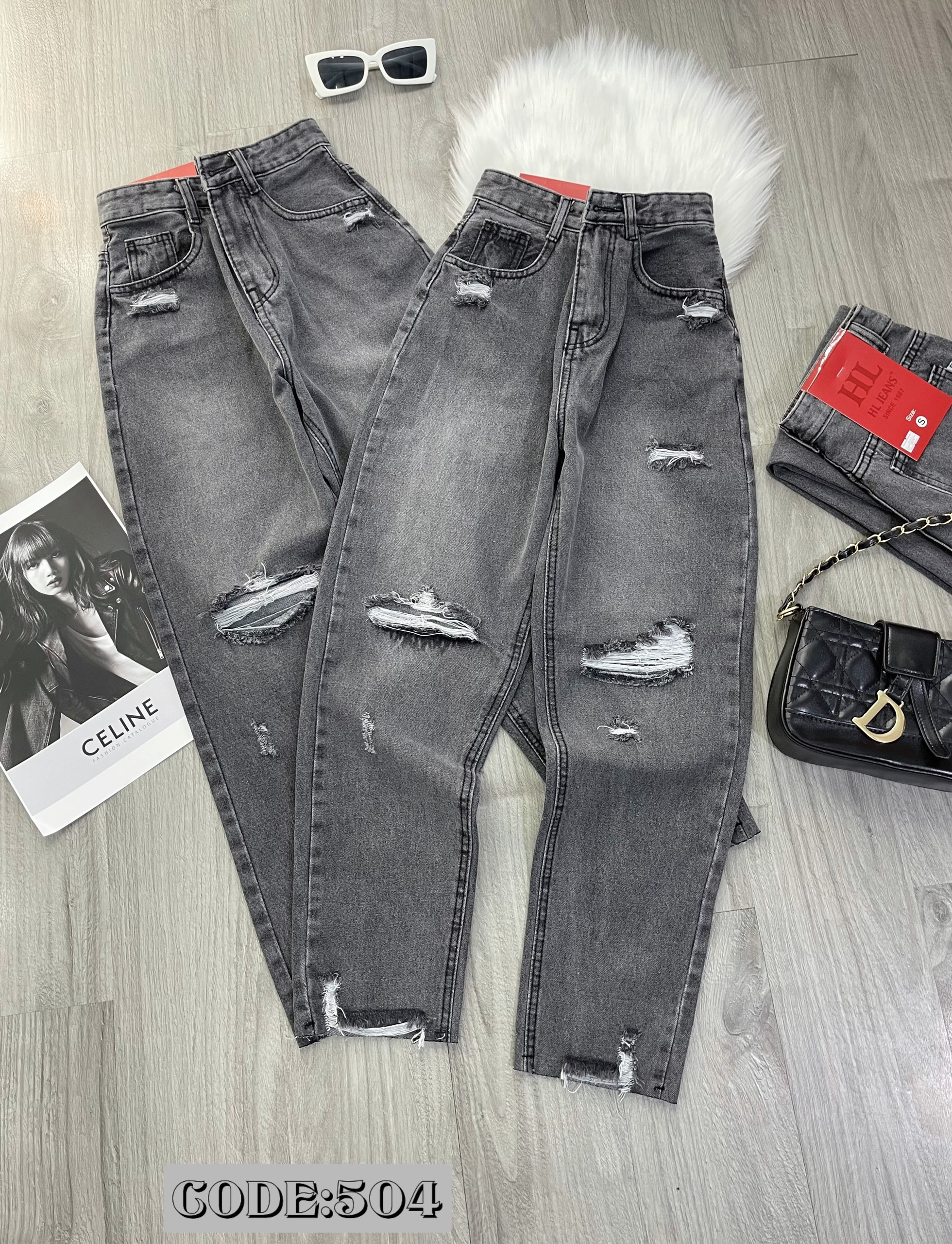 Quần jean baggy rách xước ngang lai cắt lưng cao màu xanh/xám chất dày mịn- TAMI JEANS SIÊU HOT HIT