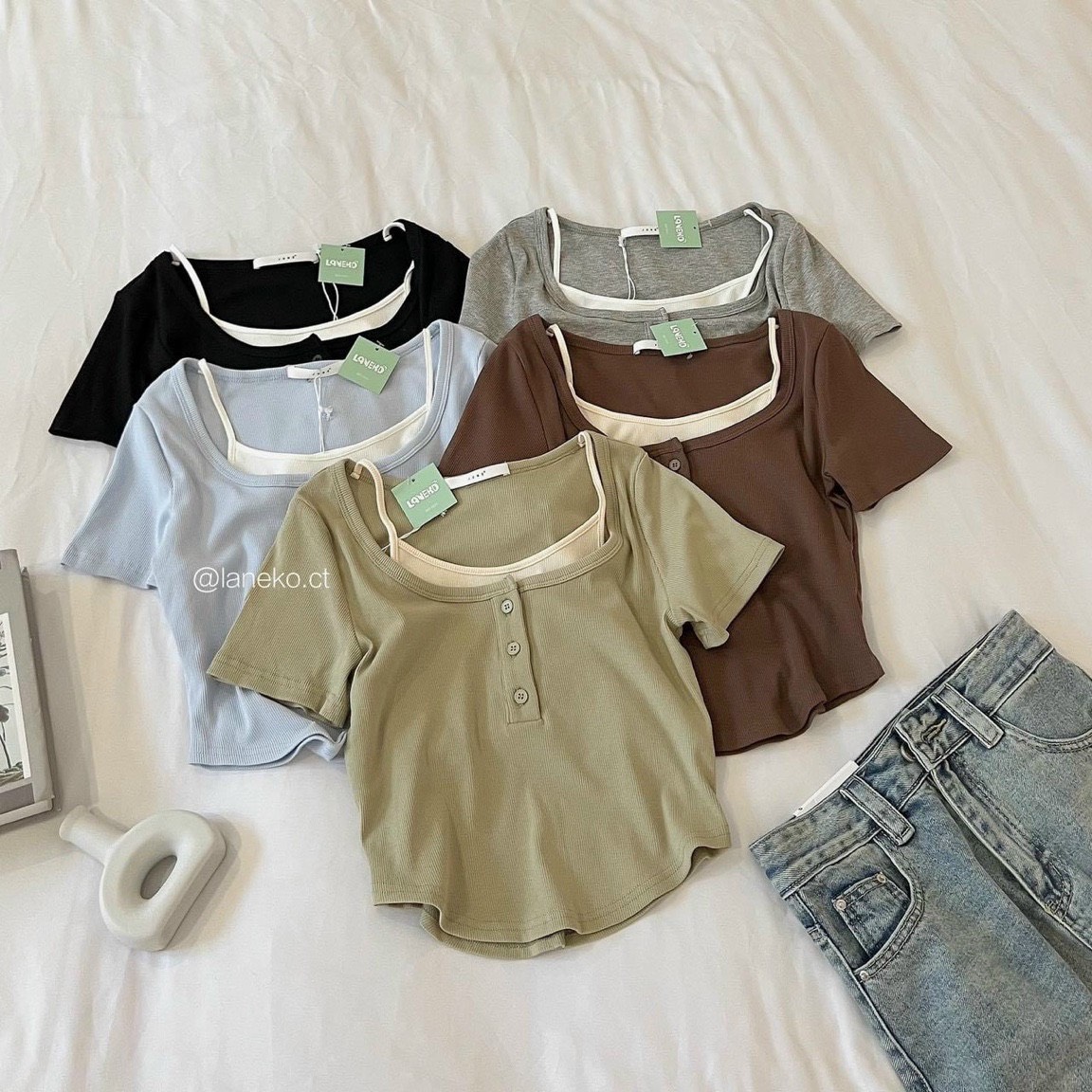 Áo thun gân tăm len kiểu cổ yếm hai lớp , áo croptop body giả yếm tay ngắn cổ chữ u c09504
