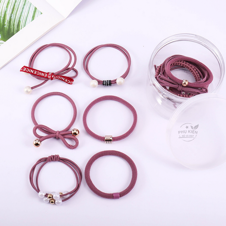 [HCM]Set 12 thun cột tóc Hàn Quốc siêu cute - Gồm hộp (Màu hồng đậm nho)