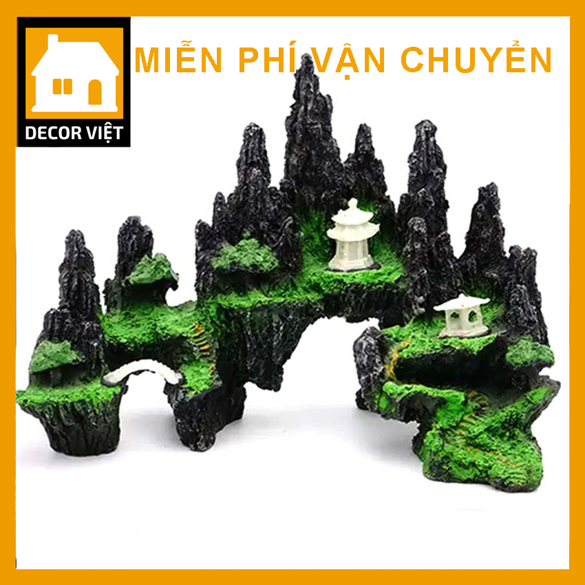 Mô hình hòn non bộ trang trí bể cá cảnh, tiểu cảnh bể cá Decor Việt non bộ chùa vàng lớn cầu