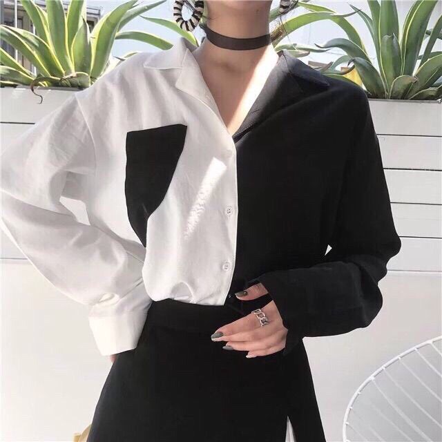áo sơ mi nữ phối viền 2 màu đen trắng siêu hot hit