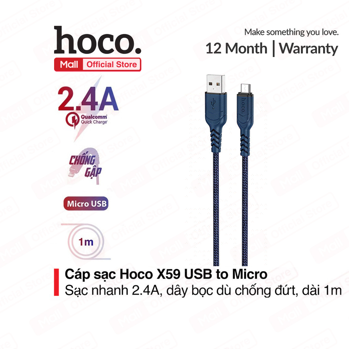 Cáp sạc nhanh Hoco X59 USB to Micro sạc nhanh 2.4A đầu sạc chống gẫy gập đầu sạc chống gẫy gập dài 100cm
