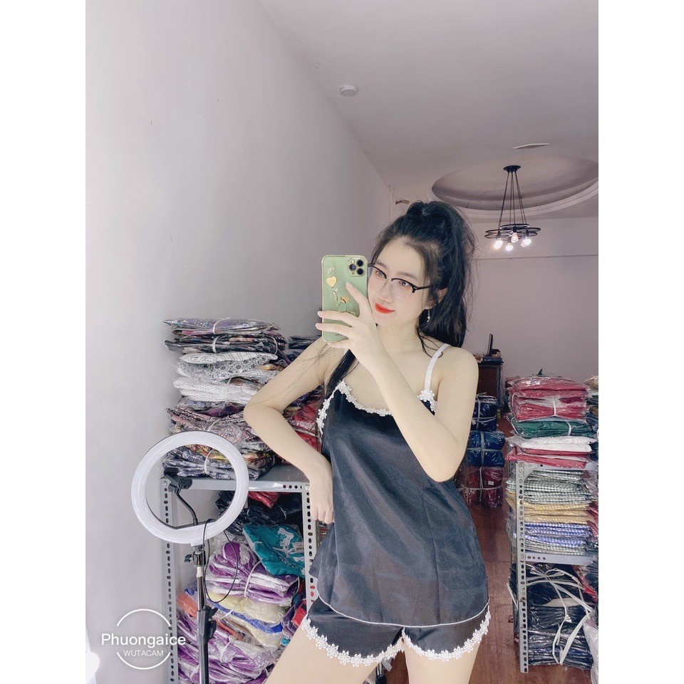 Bộ đồ ngủ Sexy 2 dây phi lụa phối bèo dễ thương Freesize dưới 57kg