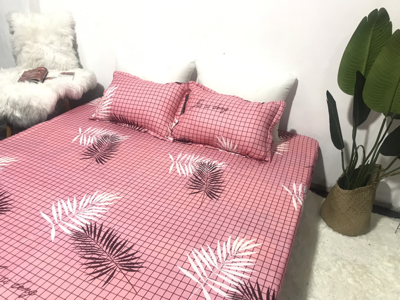 Set Ga Gối Mẫu Lá Cọ Hồng CHM3