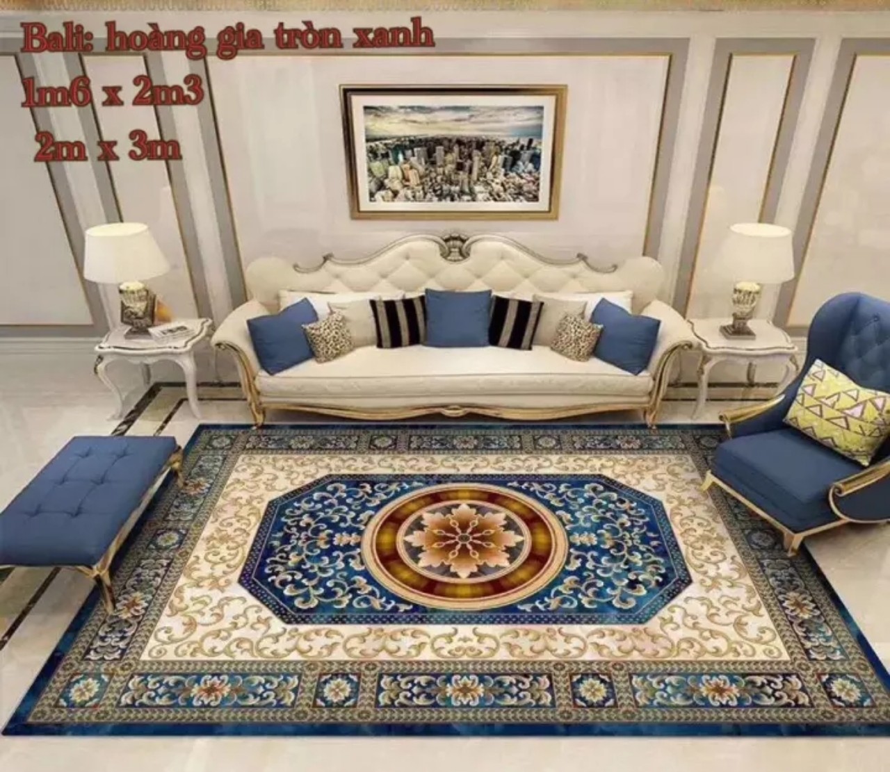 Thảm trải sàn phòng khách mẫu hoàng gia xanh tâm tròn 3m x2m