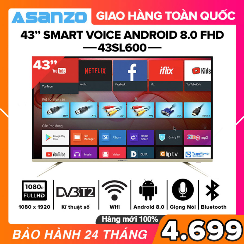 [TRẢ GÓP 0%] Smart Voice Tivi Asanzo 43 inch Full HD - Model 43AS530 43AS560 43SL600 (Android 8.0, Viền mỏng, Viền kim loại nguyên khối, Tích hợp tính năng tìm kiếm bằng giọng nói) Tivi Giá Rẻ - Bảo Hành 2 Năm