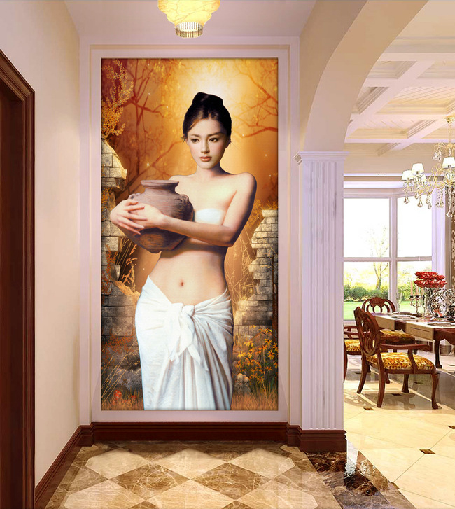 Tranh dán tường khổ dọc VTC Thiếu nữ ôm bình UD0389 Kim sa