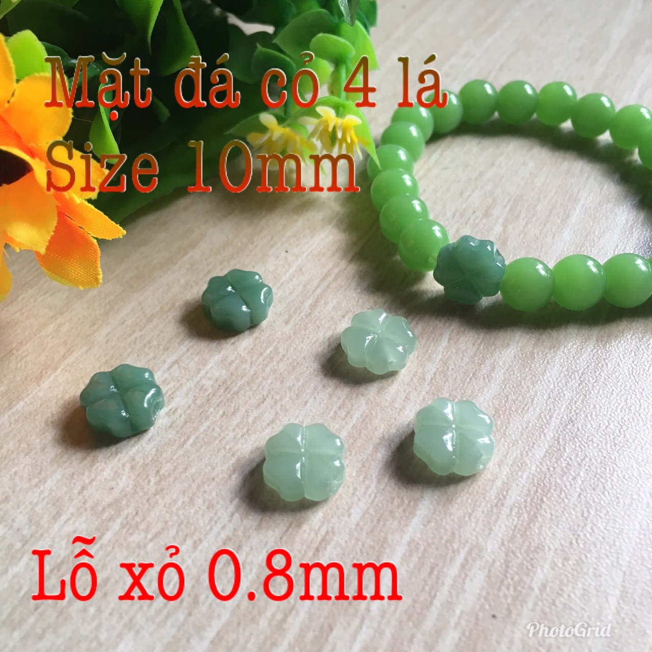 🍀1 mặt đá 10mm cỏ 4 lá lỗ xỏ dây 0.8mm 🍀🍀