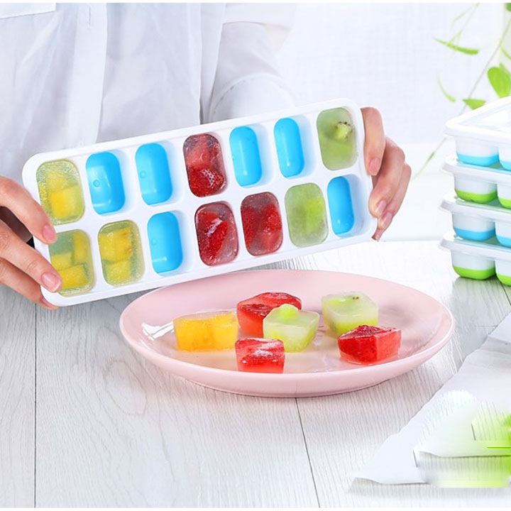 Khay làm đá, Khay đá silicon chống dính 14 ô có nắp đậy, Khay đá silicon dẻo, Khay đá có nắp đậy,