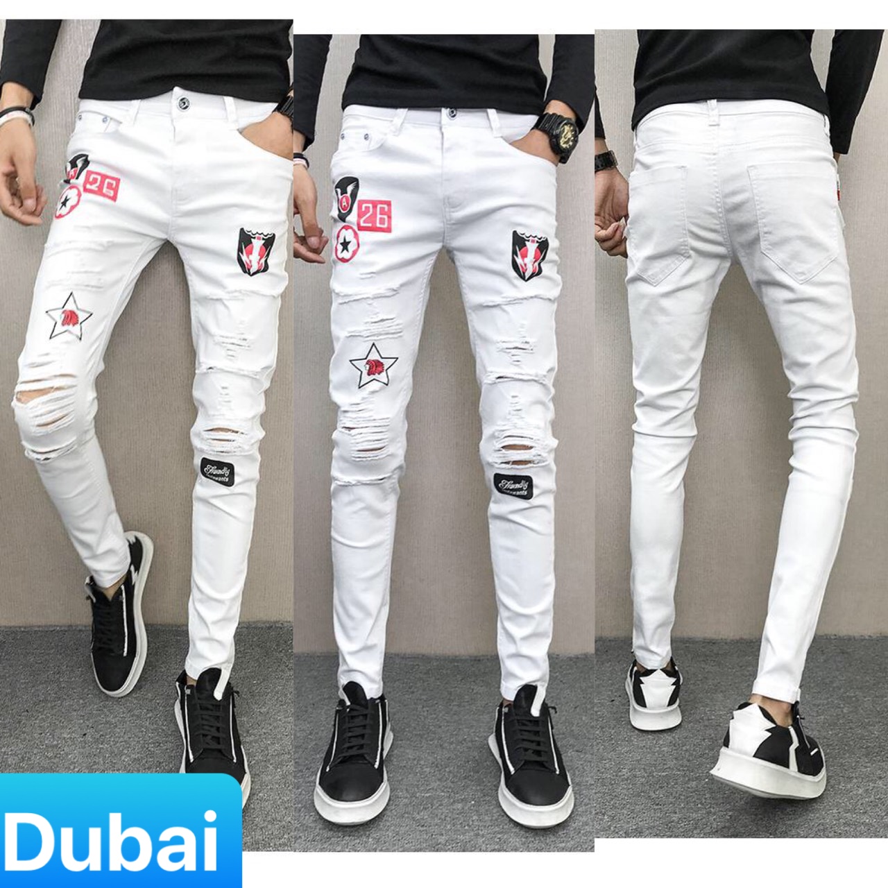 QUẦN JEAN NAM CHẤT BÒ TRẮNG ĐEN IN CHỮ RÁCH GỐI SIÊU SANG LẠ ĐỘC CAO CẤP - DUBAI FASHION