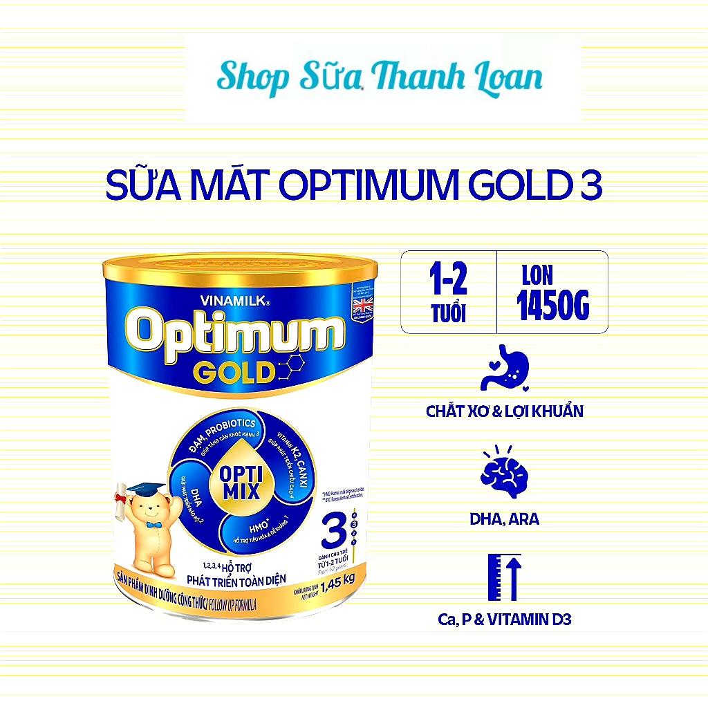(HSD T5-2026) COMBO 2 HỘP SỮA BỘT VINAMILK OPTIMUM GOLD 3 1.45KG (CHO TRẺ TỪ 1 - 2 TUỔI).
