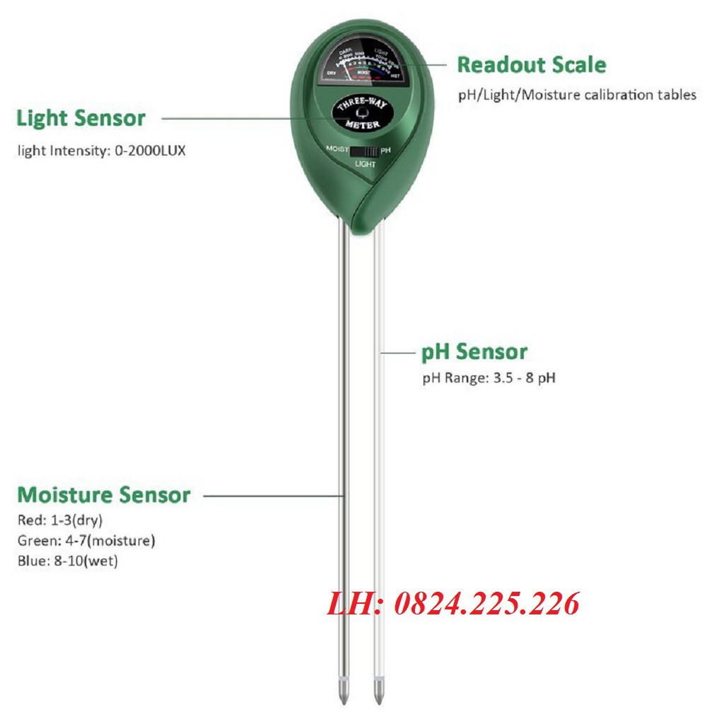 MÁY ĐO pH CƯỜNG ĐỘ ÁNH SÁNG ĐỘ ẨM ĐẤT - 3in1