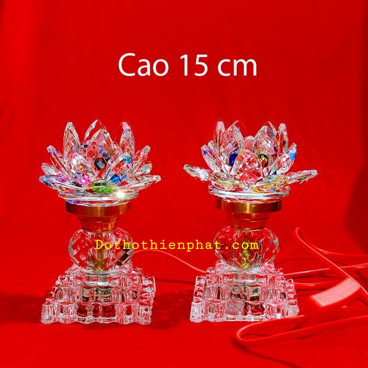 Cặp đèn thờ đá pha lê cao cấp Led tự động đổi 7 màu cao 15cm