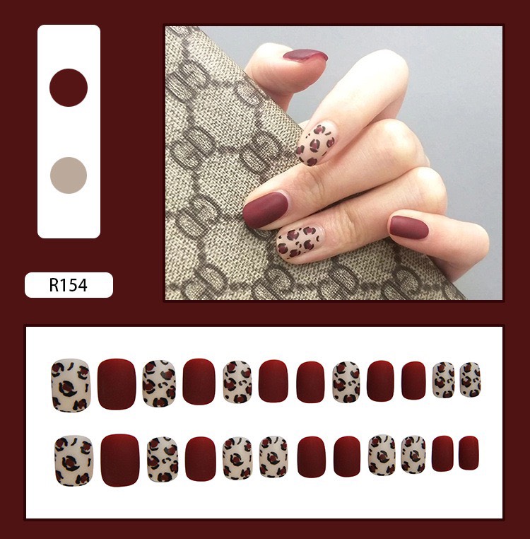 Bộ móng giả | da beo đỏ rượu maroon | nailbox | 24 móng tay úp móng ngắn r154