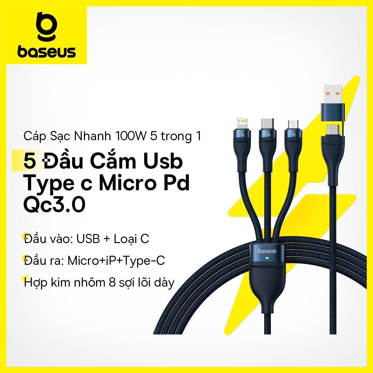 Baseus 3 in 1 USB Type C Cable 100W Fast Charging Data Cable for iPhone 13 Pro Phone Charger for Xiaomi Samsung Micro USB Cable
