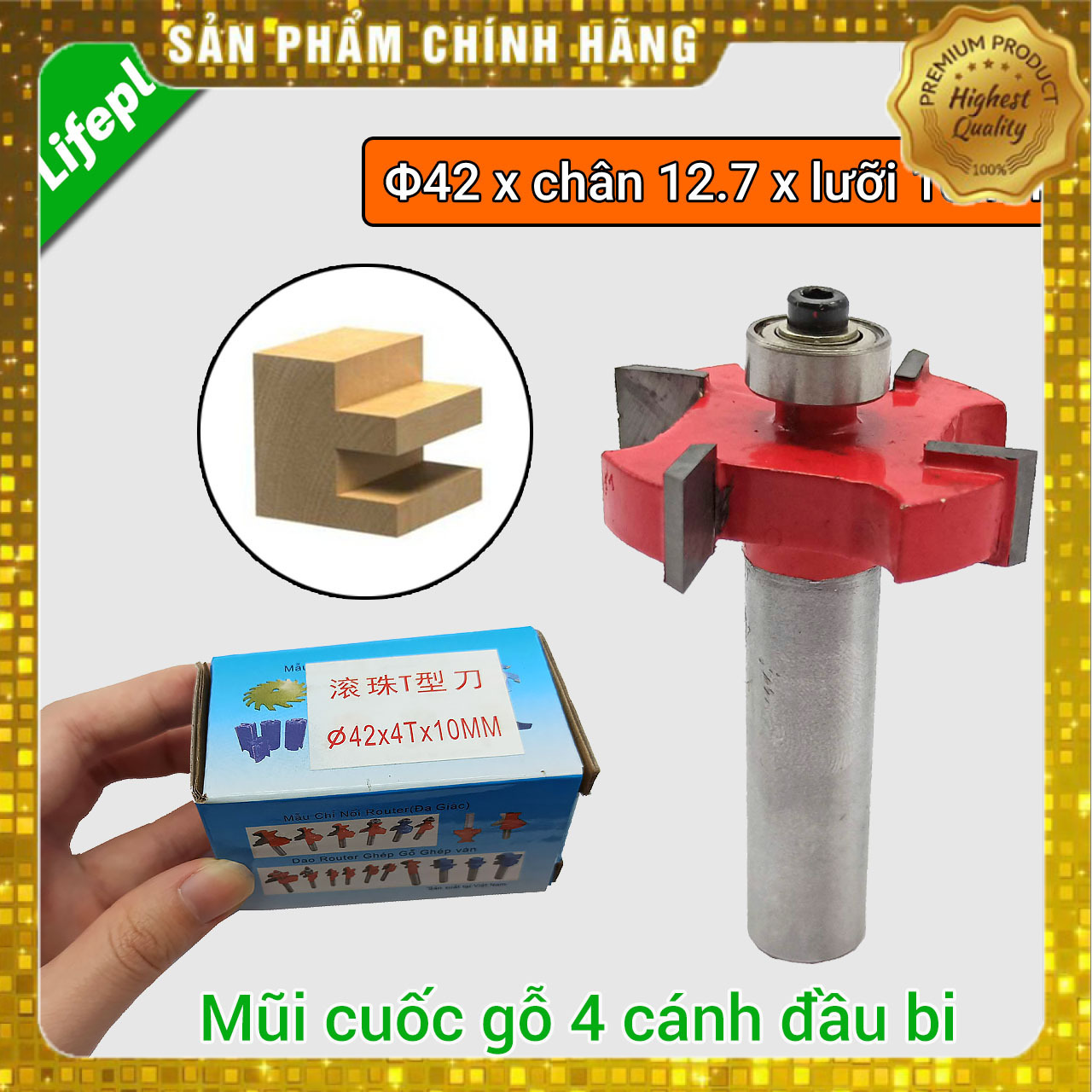 Mũi soi gỗ, mũi phay gỗ, mũi cuốc gỗ 4 cánh đầu bi Tân Phú chân 12.7mm sâu 15mm