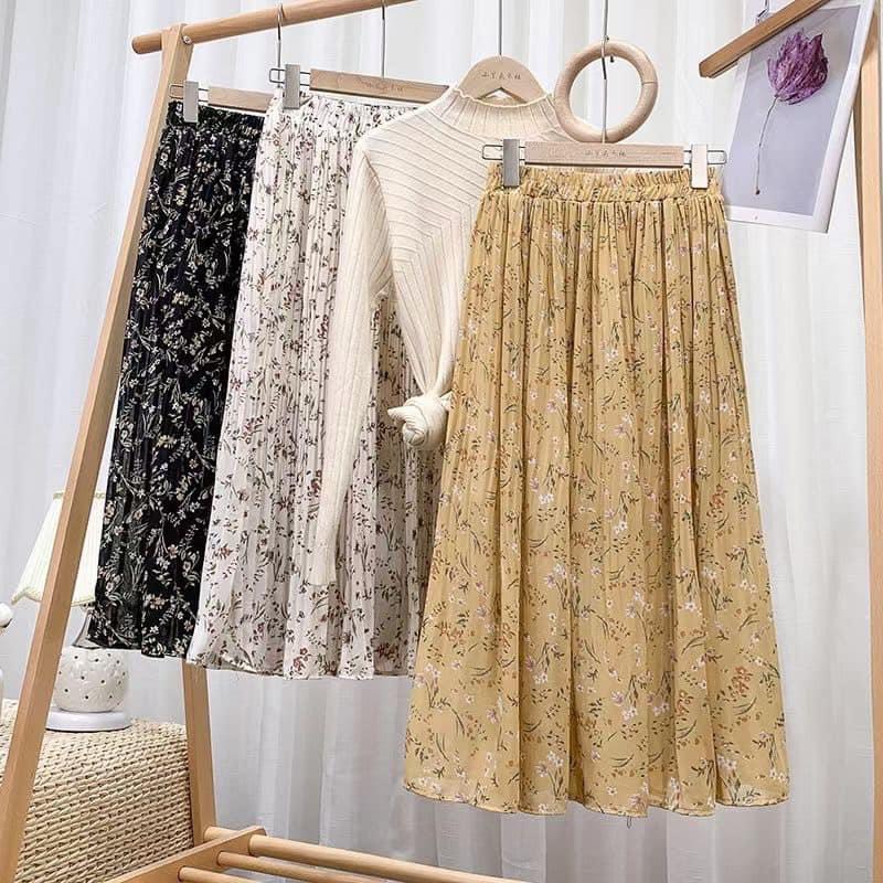 Chân váy hoa nhí xòe ulzzang - Chân váy dài xếp ly nhún  vintage