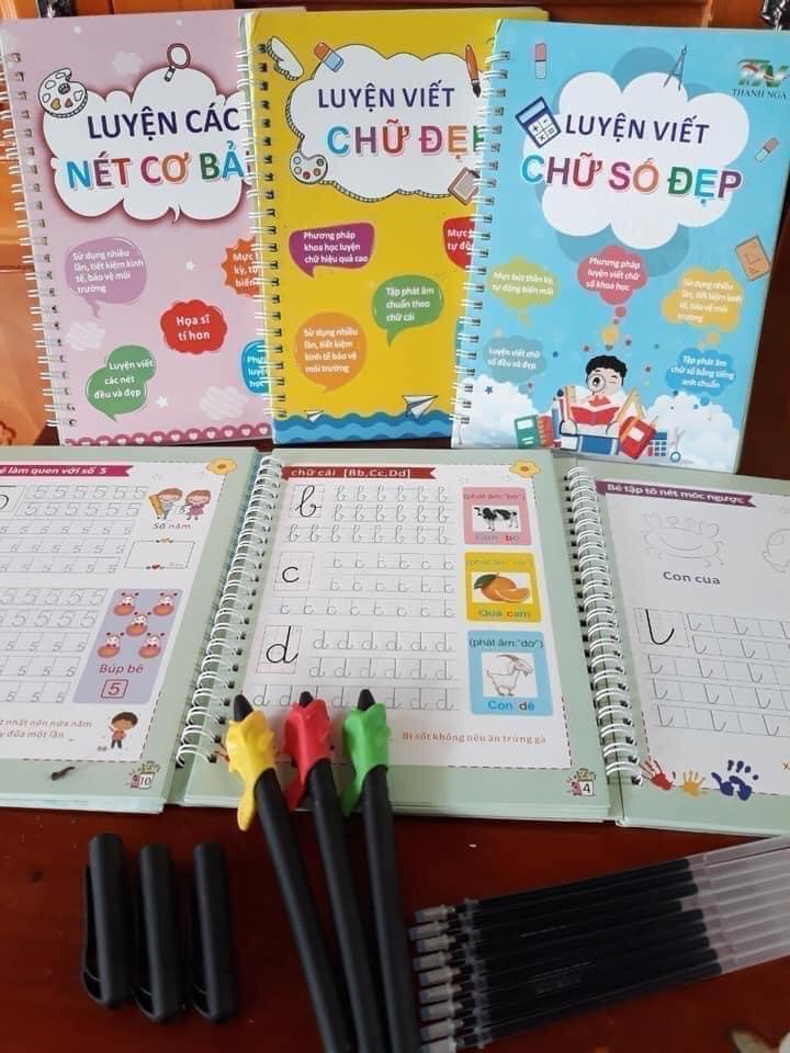 Set 3 vở tập tô tự bay màu mực sau 10pBộ 3 vở luyện chữ tự xóa, tập viết