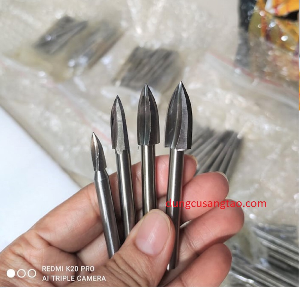 Mũi 3 khía cán 6mm (Điêu khắc gỗ, mũi phá thô cán 6mm). bộ 4 mũi