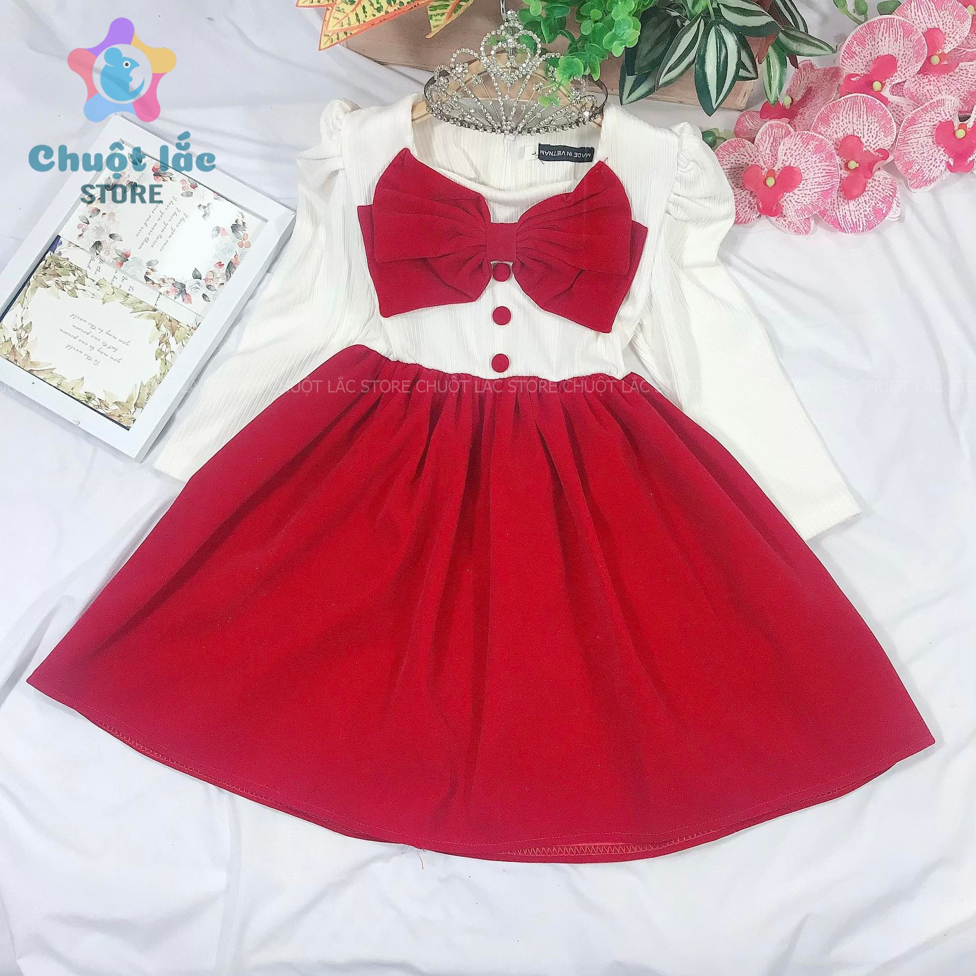 Váy Đầm Cho Bé Gái Diện Tết Chất Nhung Kim Tuyến Nơ To Cho Bé Từ 12kg Đến 25kg Màu Đỏ