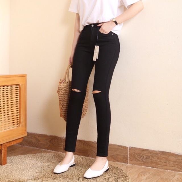 Quần Jean Dài Đen Nữ Mẫu Rách Gối Vải Co Giãn Đẹp Lưng Cao Tôn Dáng