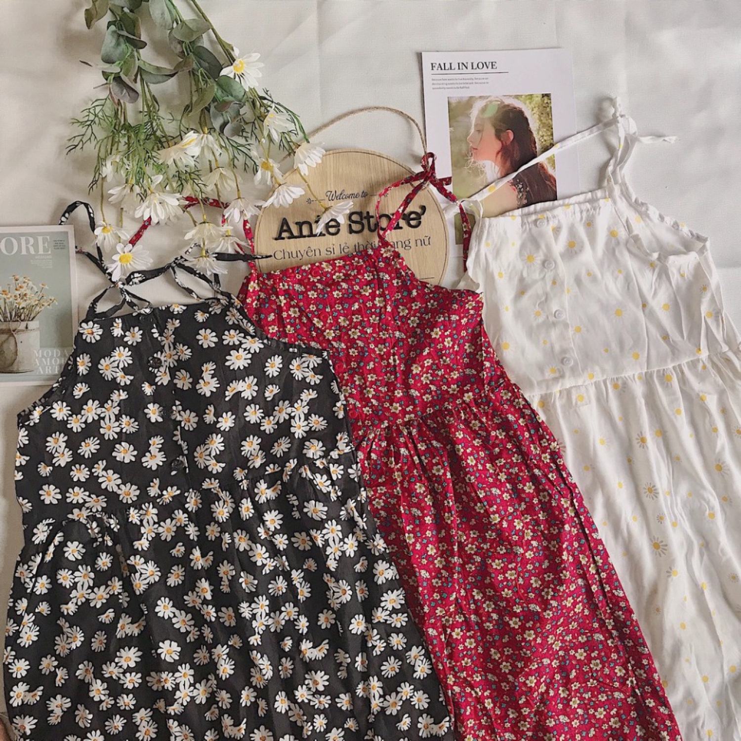 SUV002 Đầm babydoll dáng dài xòe hai dây buộc tiểu thư bánh bèo Váy 2 dây hoa nhí maxi thắt nơ vintage đi chơi đi biển