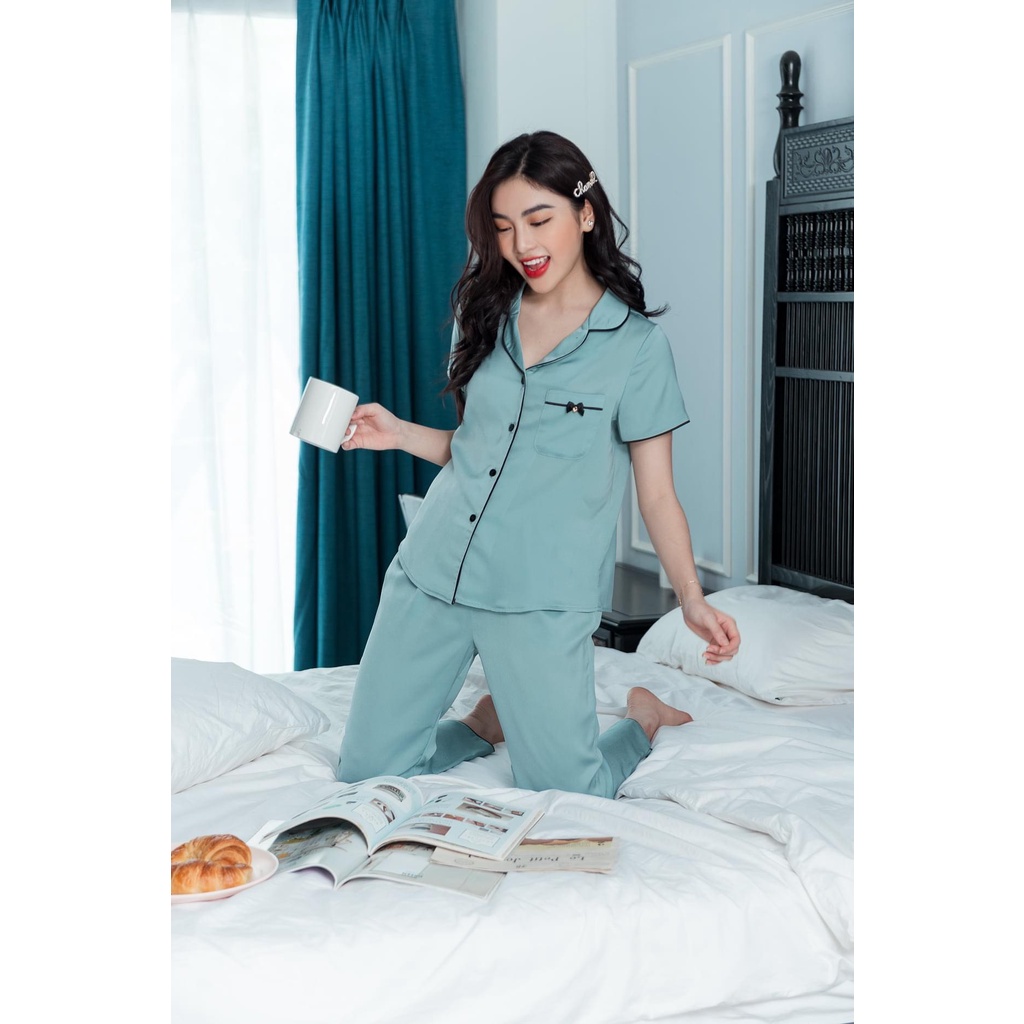 Bộ đồ ngủ nữ pyjama lụa gấm cao cấp bộ dài tay