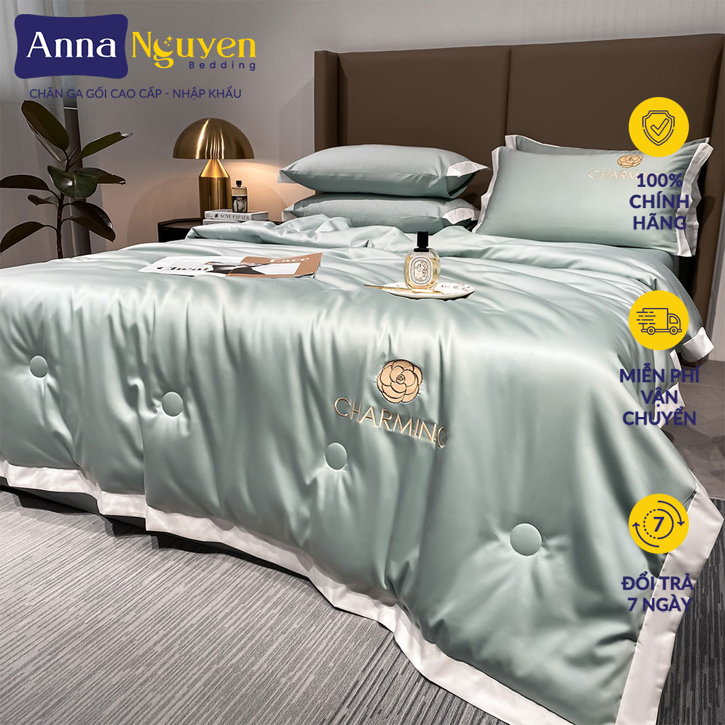 Bộ Chăn Ga Gối Đệm Phi Lụa Charming Drap Giường Phi Lụa Cao Cấp Bo Chun Drap - Anna Nguyen Bedding