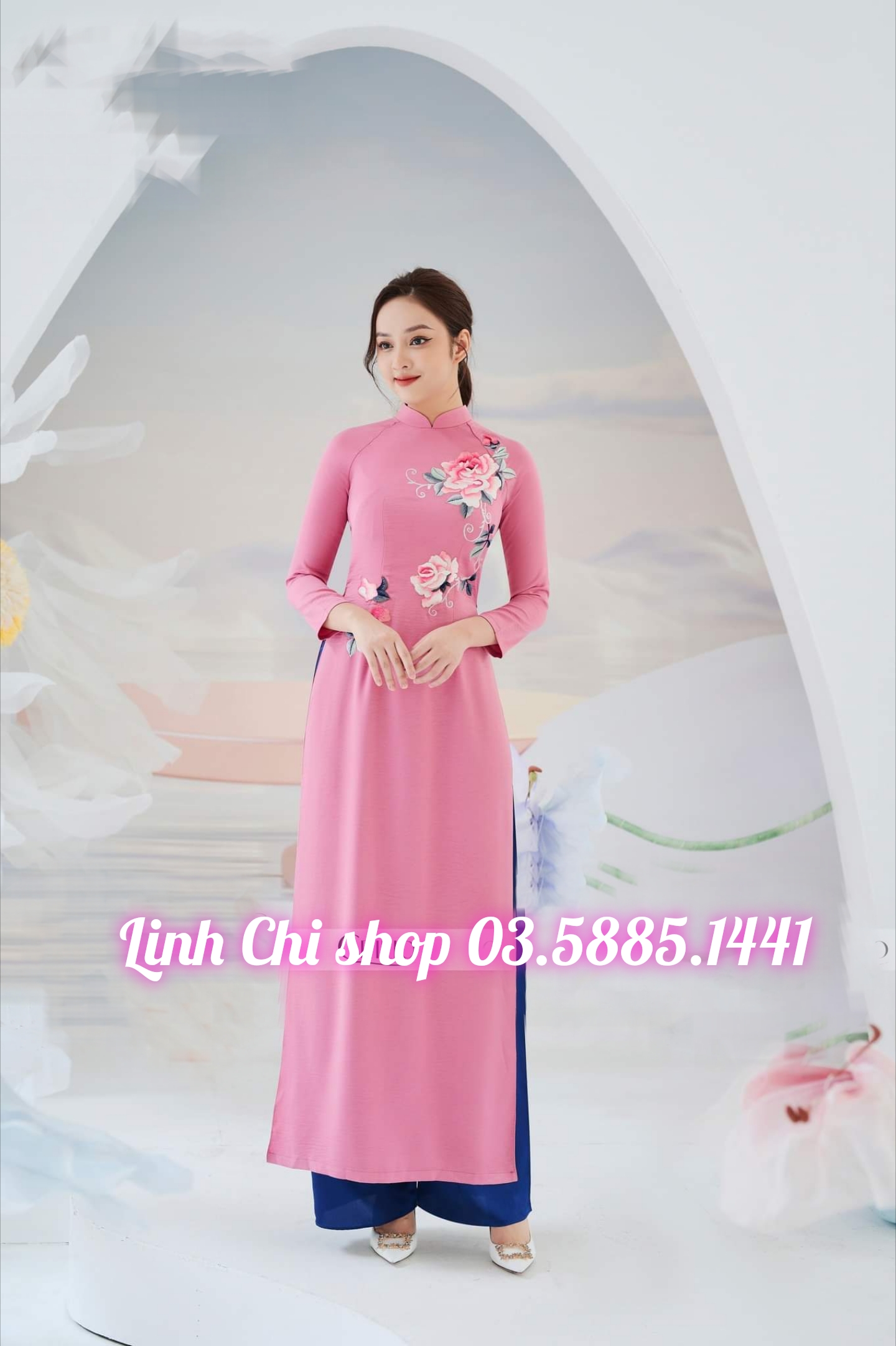 áo dài thêu cao cấp 2023 hồng đỗ