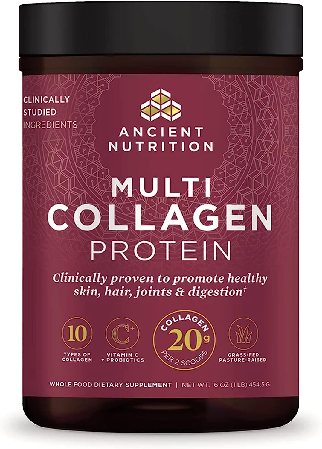 Bột collagen ancient nutrition collagen powder protein, probiotics - vitamin c, supports skin - nails - gut health, không mùi unflavored, 454.5g