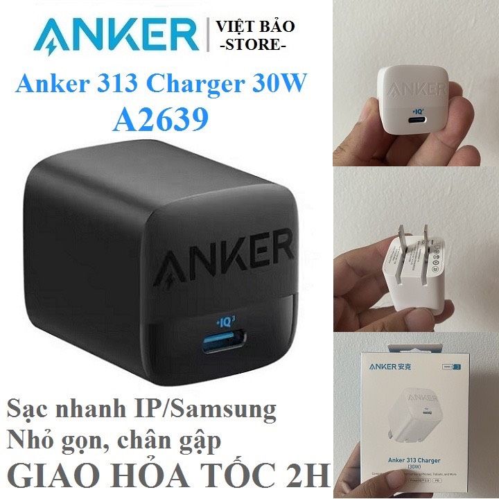 Củ sạc siêu nhanh anker 313 gan 30w iq3.0/pd/pps chân gập - a2639/mophie 30w type-c pd gan