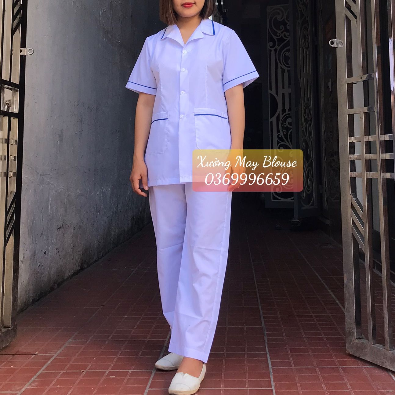 Áo điều dưỡng nam nữ cộc tay, dài tay có viền xanh - áo blouse trắng nam nữ điều dưỡng, y tá cộc tay, dài tay