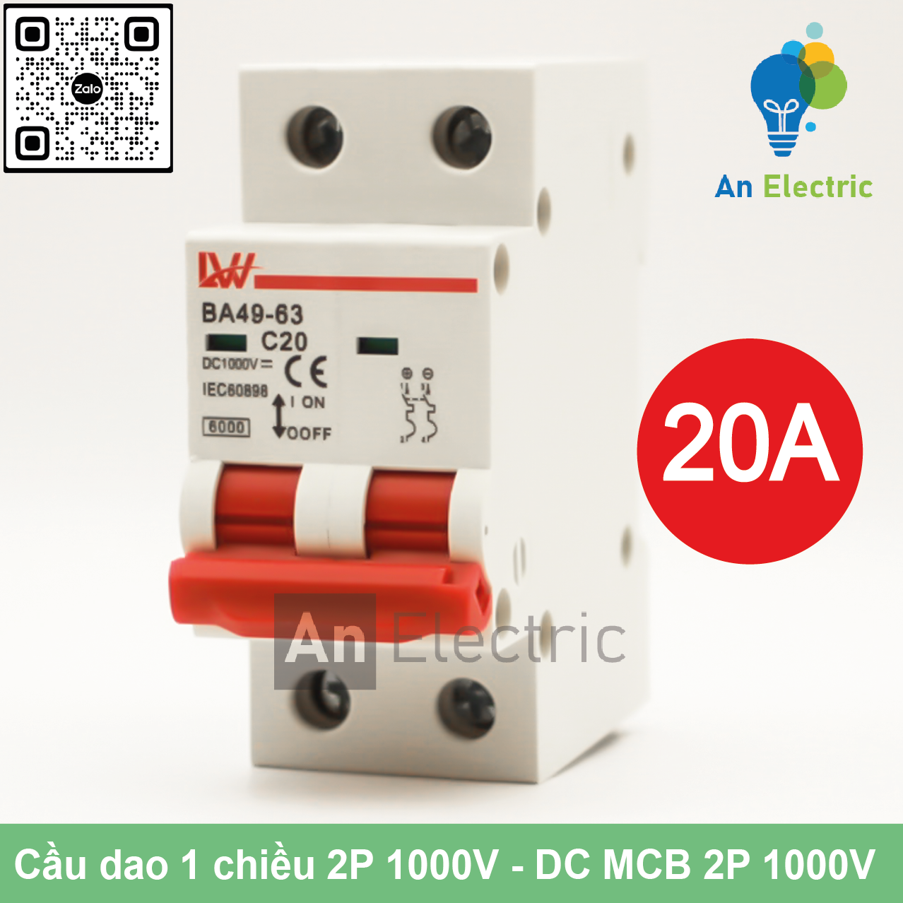 Cầu dao 1 chiều - DC MCB 16A/20A/25A/32A/40A/50A/63A/125A DC1000V 2P (LW) - Aptomat 1 chiều, Bộ ngắt mạch 1 chiều