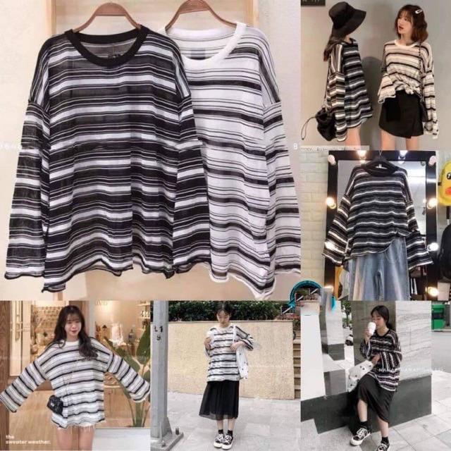 [HCM]Áo Kiểu Nữ Kẻ Phông Thụng Tay Dài Thời Trang