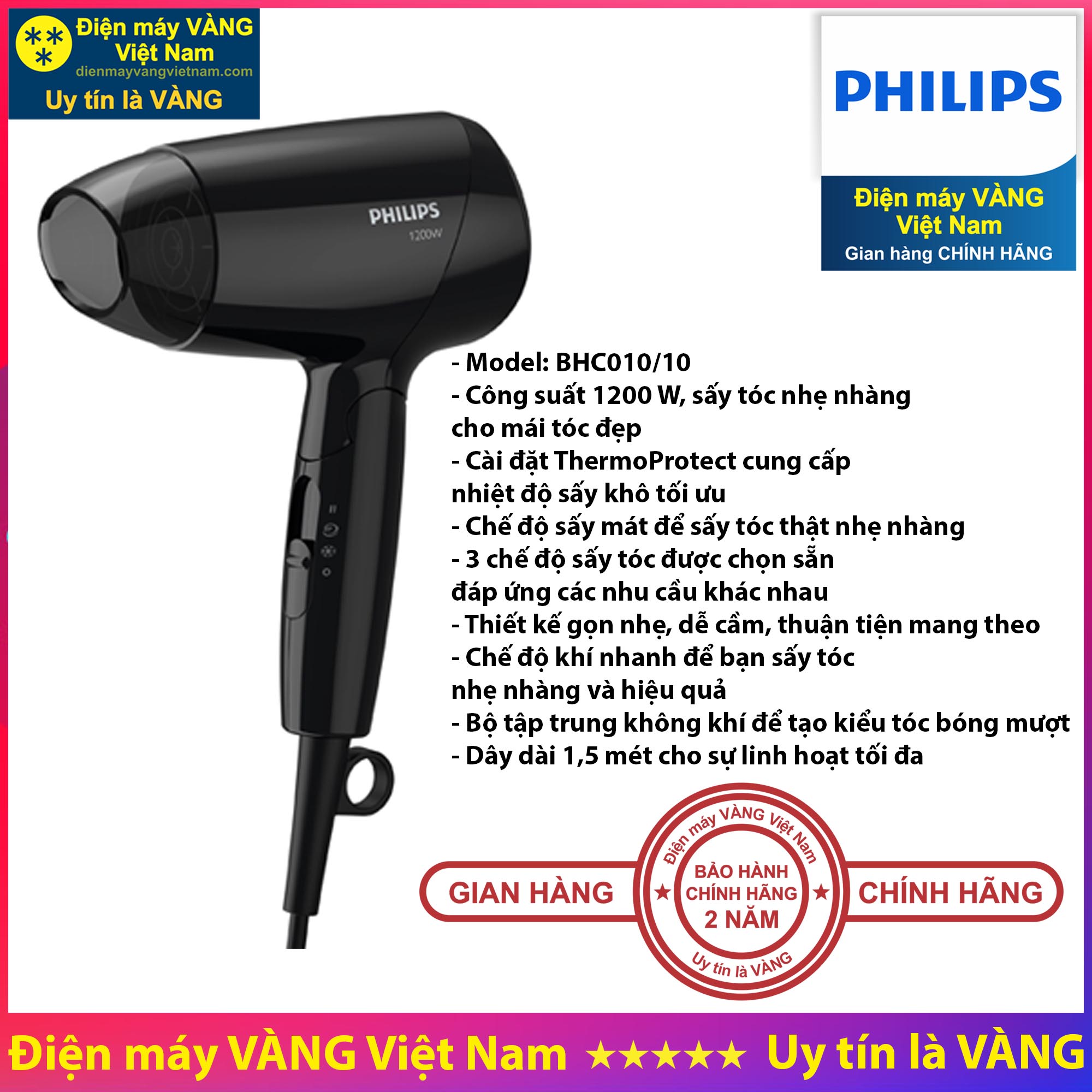 Máy sấy tóc Philips HP8108 BHC010 BHC015 BHD002 BHD004 BHD029 BHD300 BHD350 HP8232 HP8233 - Hàng chính hãng (Bảo hành 2 năm tại các Trung tâm bảo hành Philips trên toàn quốc)