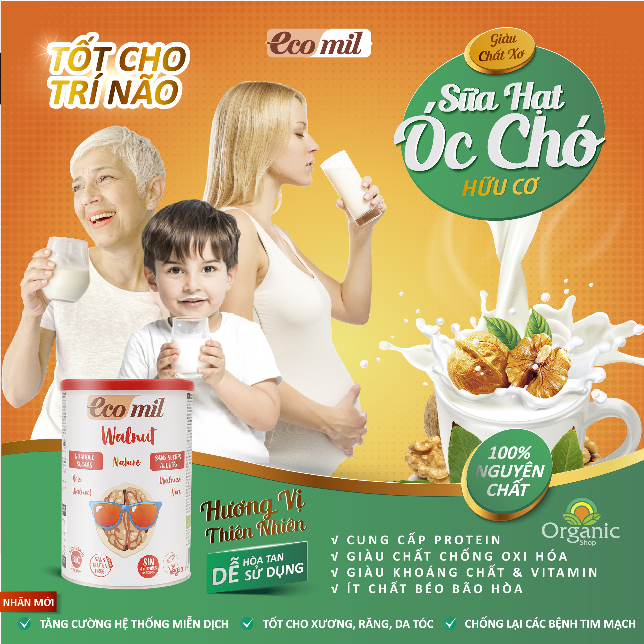 [Hoàn Tiền 15%][HCM]Bột quả óc chó hữu cơ 400g Ecomil Walnut Instant Shake Drink