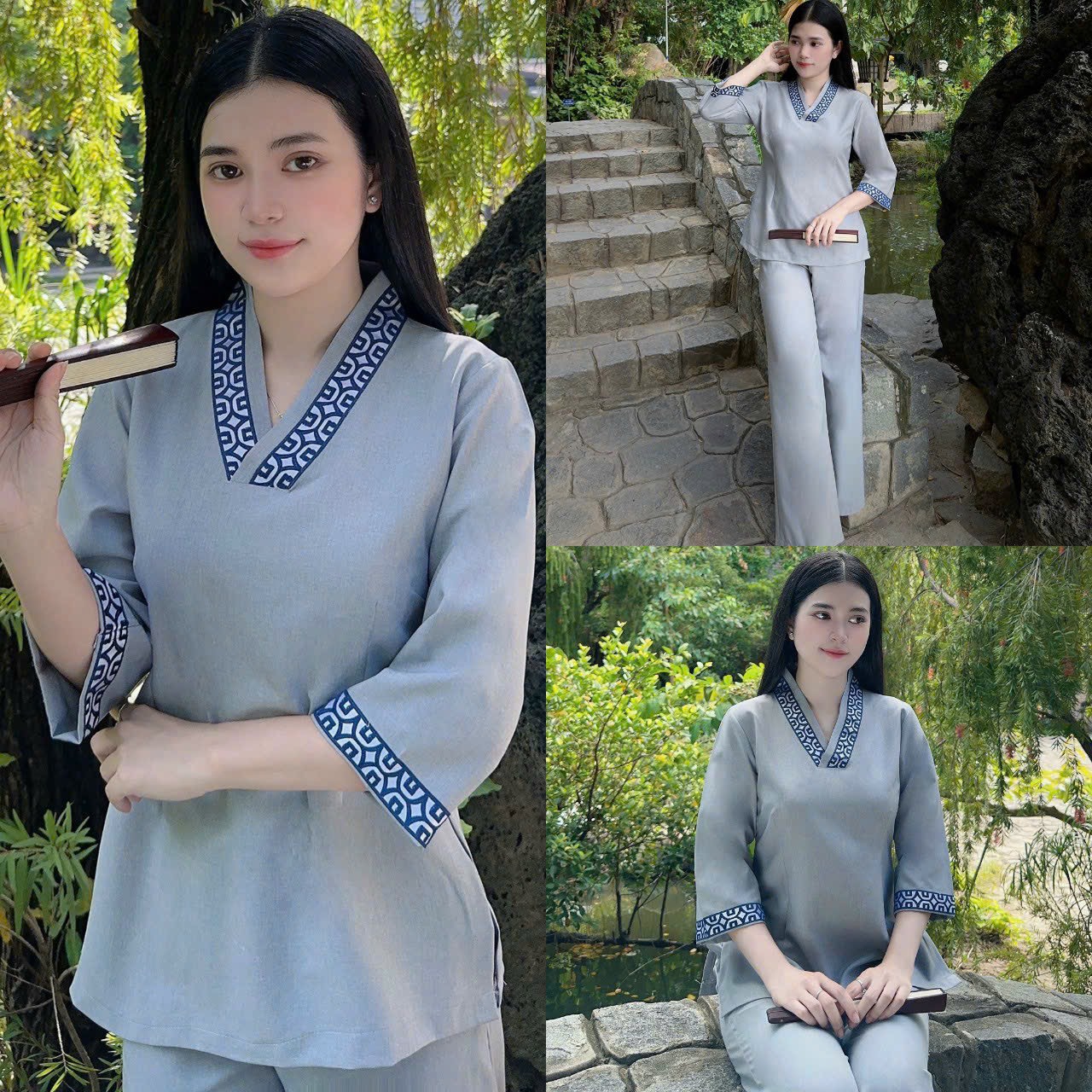 Đồ lam đi chùa # bộ lụa hàn sen 1 nút# quần áo nữ cao cấp