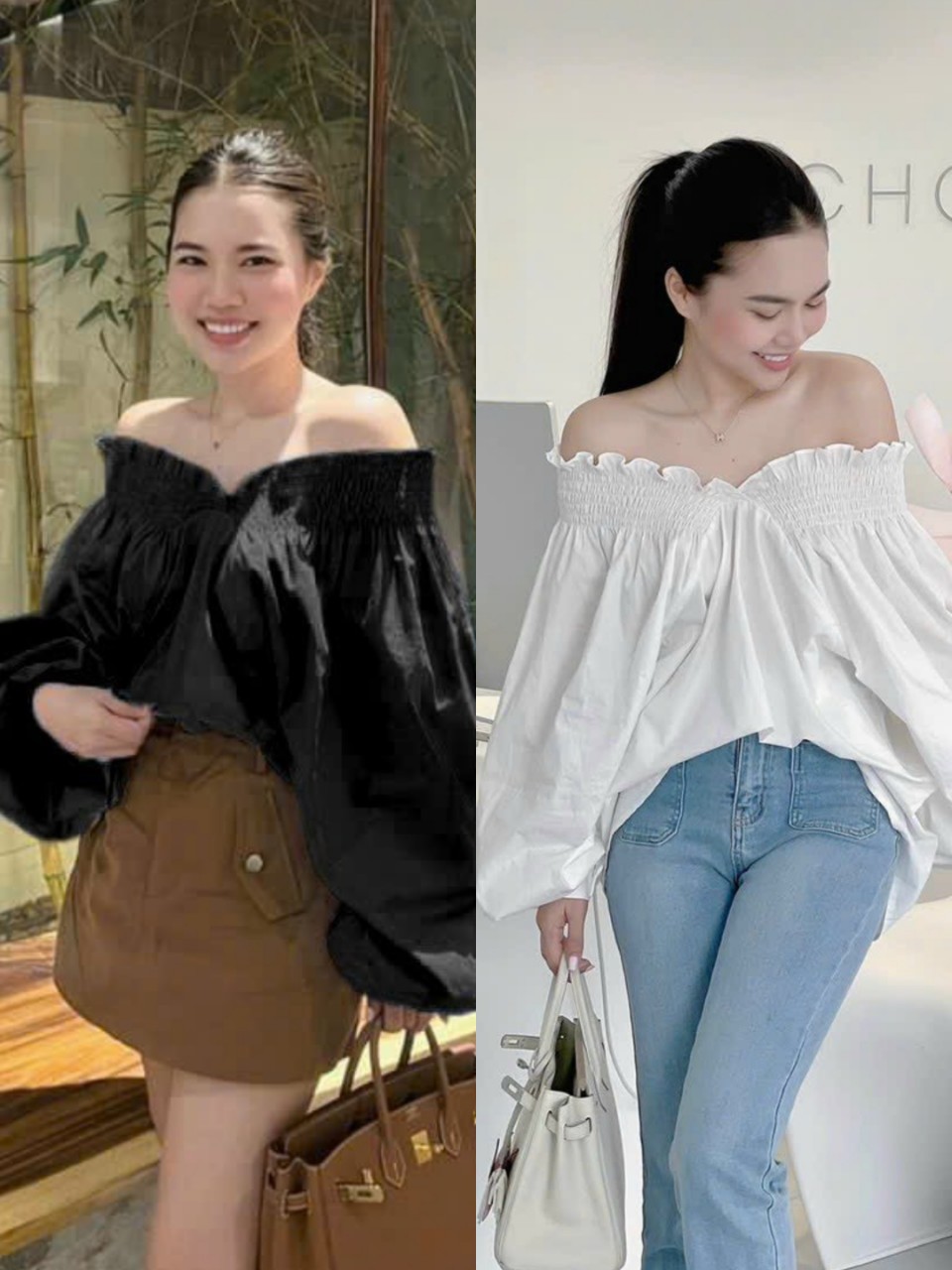 Áo cổ V nhún thun form rộng oversize