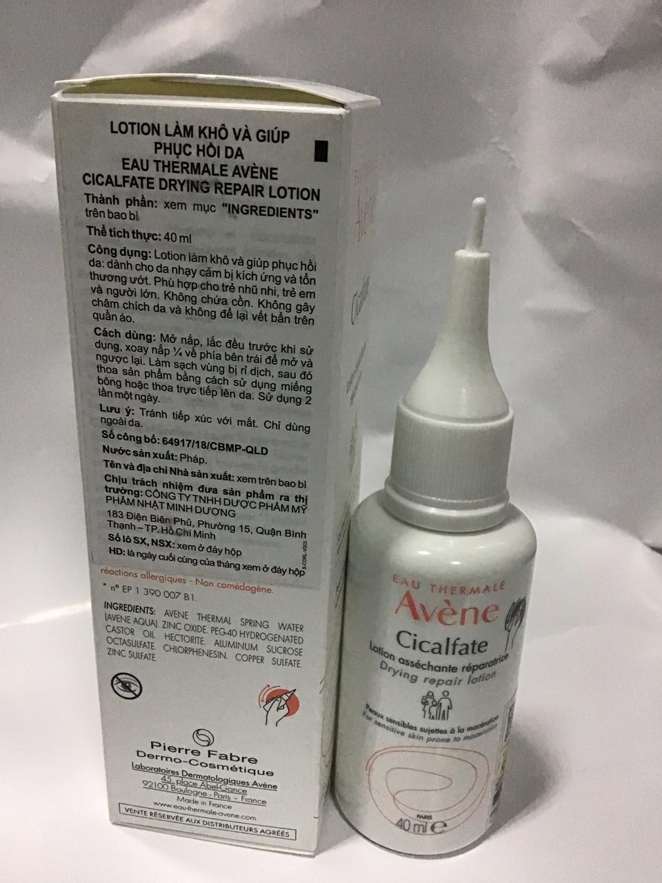 AVENE CICALFATE LOTION 40ML. LOTION LÀM KHÔ VÀ GIÚP PHỤC HỒI DA.