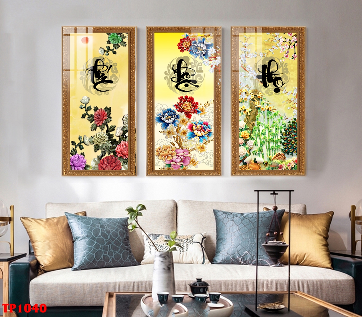 Tranh treo tường - Tranh Laminate tráng gương Phúc Lộc Thọ 02- Treo phòng khách, cầu thang- Bộ 3 tấm
